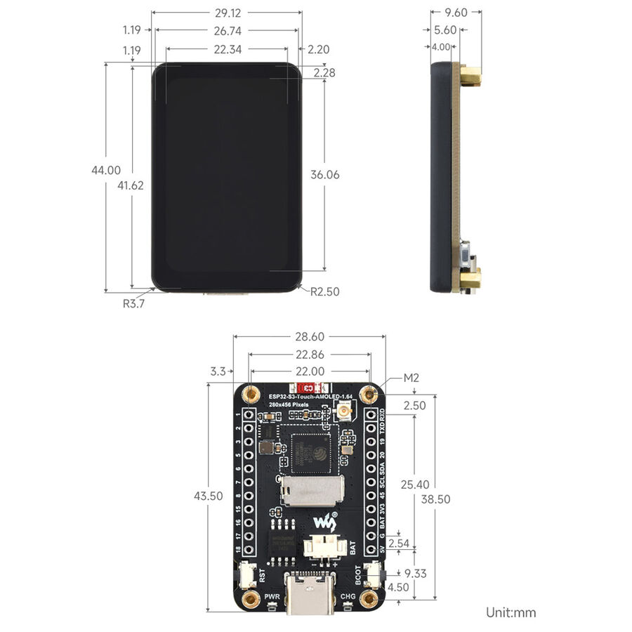 ESP32-S3 1.64"AMOLED Dokunmatik Ekranlı Wi-Fi - Bluetooth Geliştirme Board