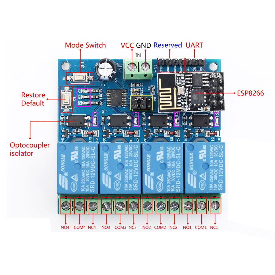 Esp8266 4 Kanal 12V Esp01 Wifi Röle Modülü