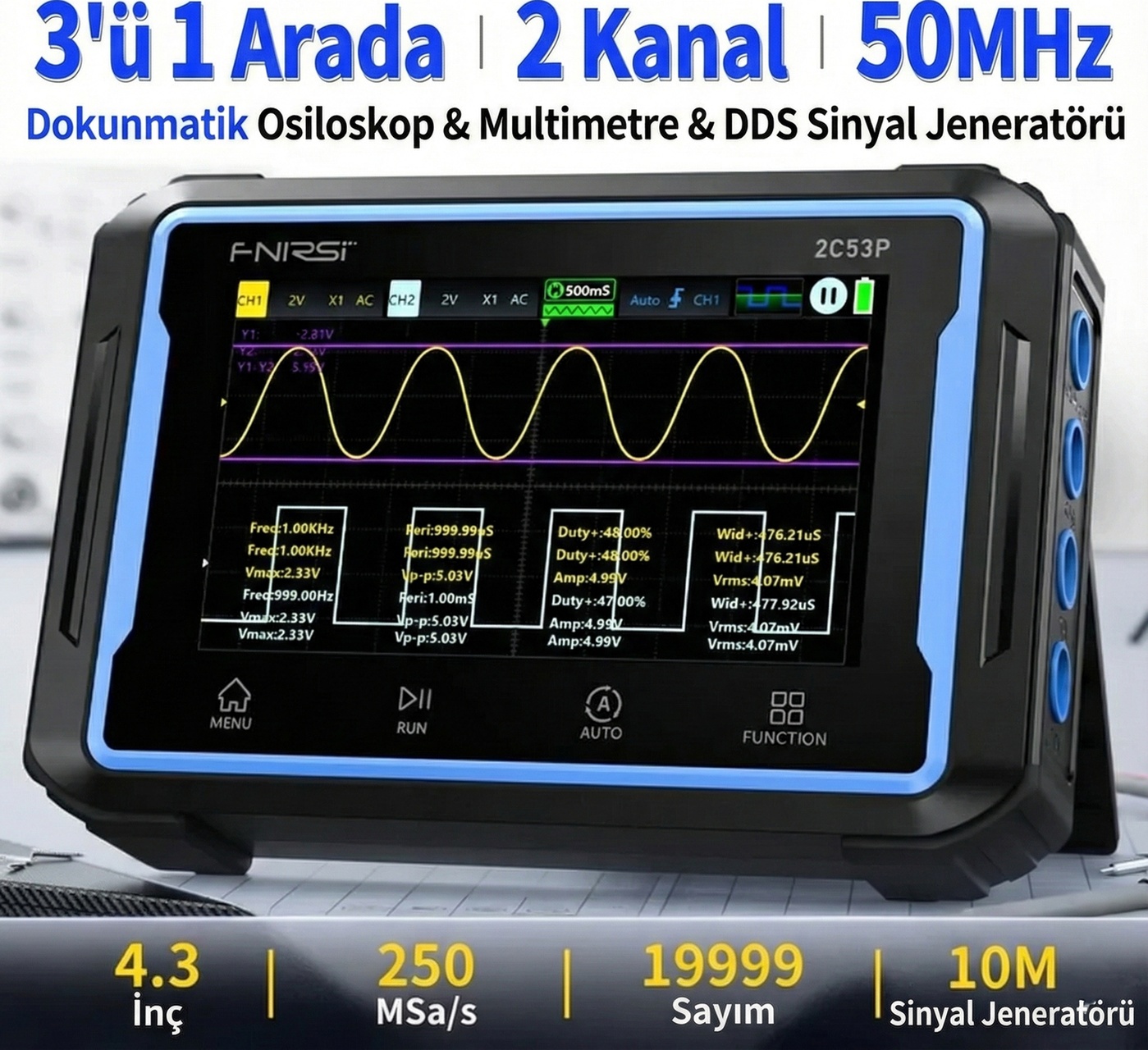 2C53P 3'ü1 Arada Çift Kanallı Tablet Osiloskop + Multimetre + Fonksiyon Jeneratörü