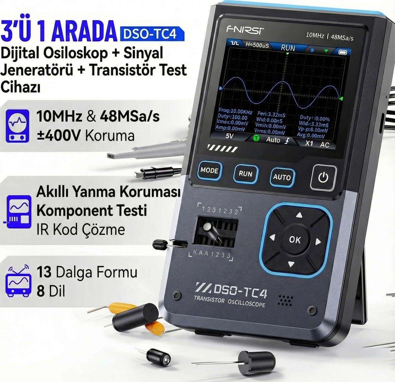 DSO-TC4 10MHz 48MS/s 3in1 Osiloskop Transistör Test ve Sinyal Jeneratörü