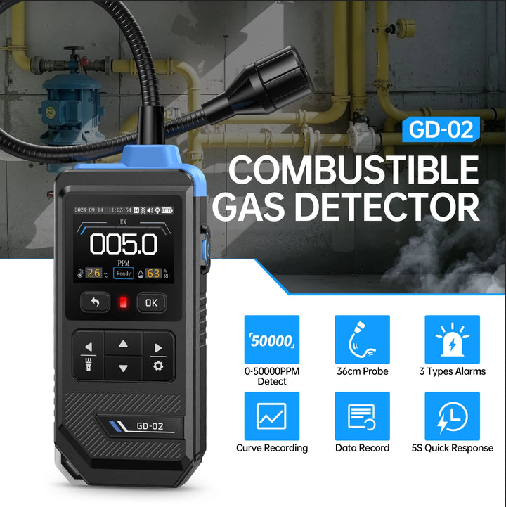 FNIRSI GD-02 Taşınabilir Doğal Gaz, LPG ve Metan Dedektörü (36cm Esnek Prob)