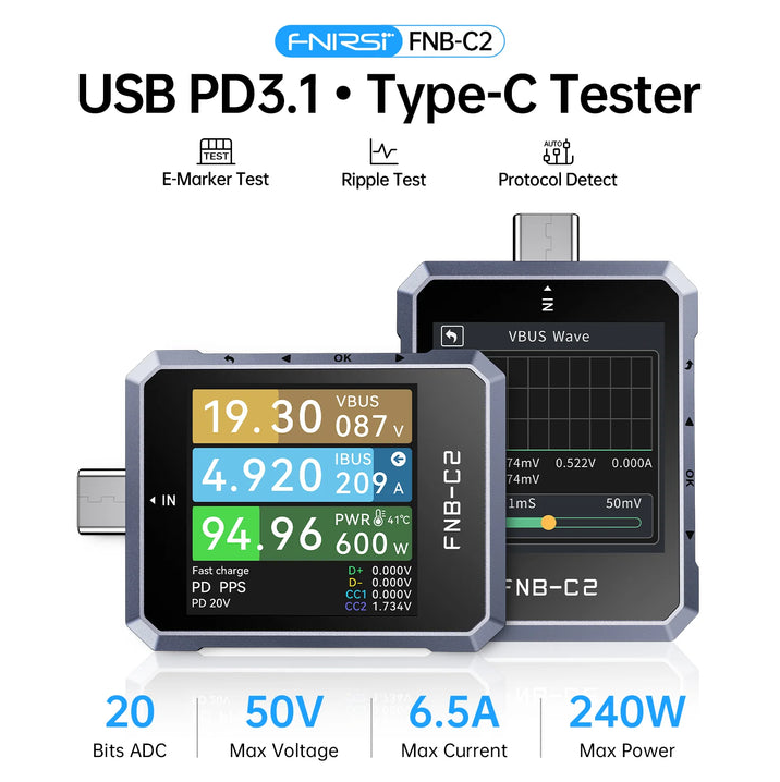 FNIRSI FNB-C2 USB PD 3.1 Type-C Hızlı Şarj Test Cihazı (240W, E-Marker Okuma)