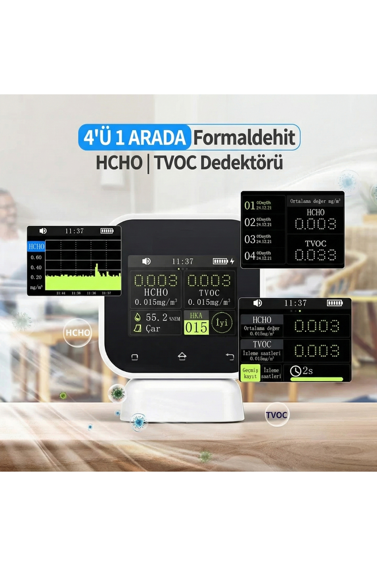 SFD-02 4'ü 1 Arada Dokunmatik Hava Kalitesi Ölçüm Cihazı
